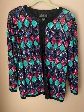 Vintage Sequin Diamond-Pattern Open Jacket - Multicolor